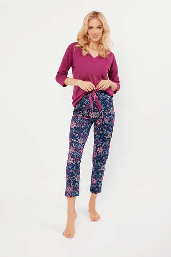 Folk Piżama Damska 3/4 rękaw, 7/8 spodnie Italian Fashion - jeżyna/druk