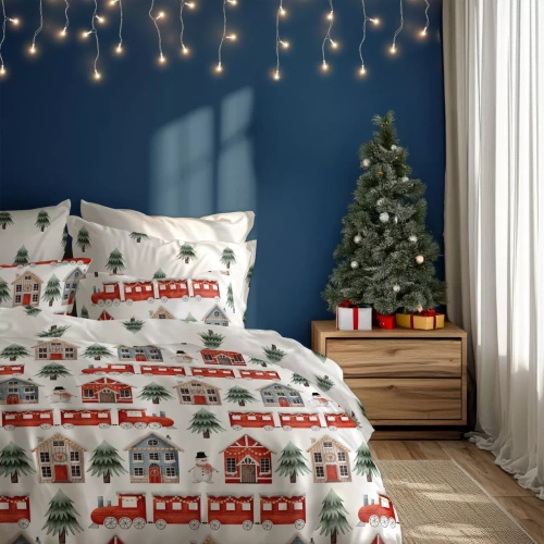 Scandic 075 Pościel świąteczna Scandic Faro biała z motywem świątecznych domków– dwustronna bawełna 100%, zamek