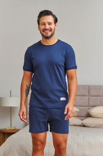 Piżama Męska Doctor Nap 7413 Granatowa Prążkowana Bawełna T-shirt Szorty