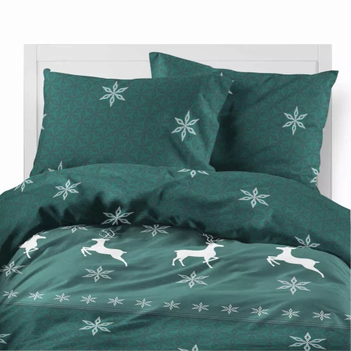 5621 B Magia Świąt Pościel flanelowa świąteczna Detexpol zielona w renifery i śnieżynki– bawełna 100%, 160 g/m², zamek, OEKO-TEX®