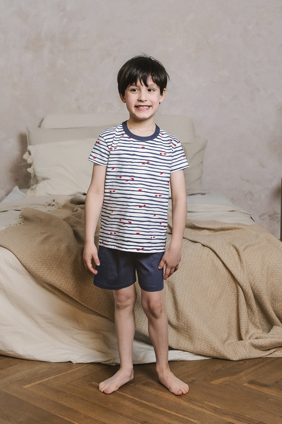Piżama chłopięca krótki rękaw, spodnie Italian Fashion Korfu - druk/granatowy
