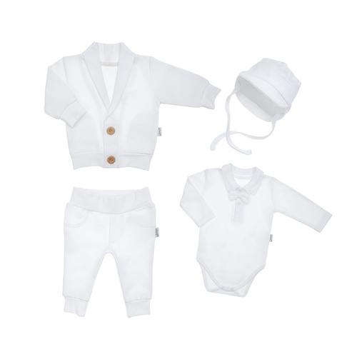 Komplet chrzcielny 169399 czapka, bluza, body i spodnie Nicol - biały