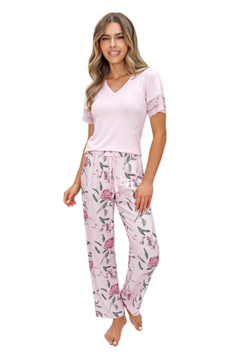 Piżama damska Donna Gabriela Long wiskoza koronka V wygodna