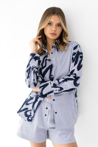 Piżama damska Hallie granatowo-biała bawełniana w paski guziki długi rękaw komfort