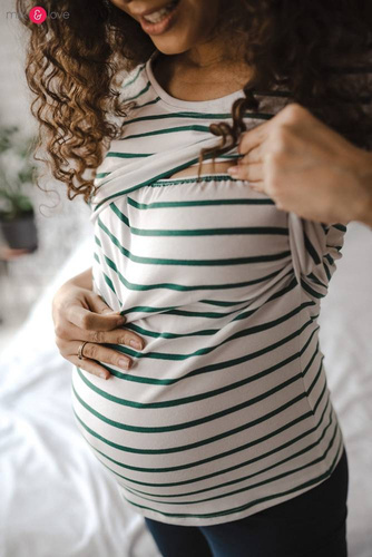 Milk Shirt Bluzka do karmienia i ciążowa z krótkim rękawem Milk&Love w biało-zielone paski