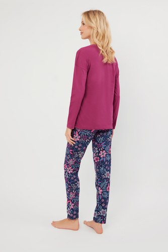 Folk Piżama Damska długi rękaw, długie spodnie Italian Fashion - jeżyna/druk