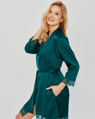 Szlafrok satynowy z koronką Mona dark green