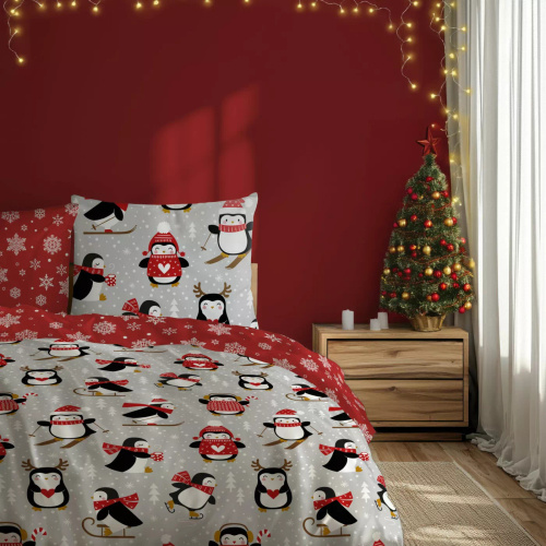 Scandic 076 Pościel świąteczna Scandic Faro szaro-czerwona z pingwinami– dwustronna bawełna 100%, zamek