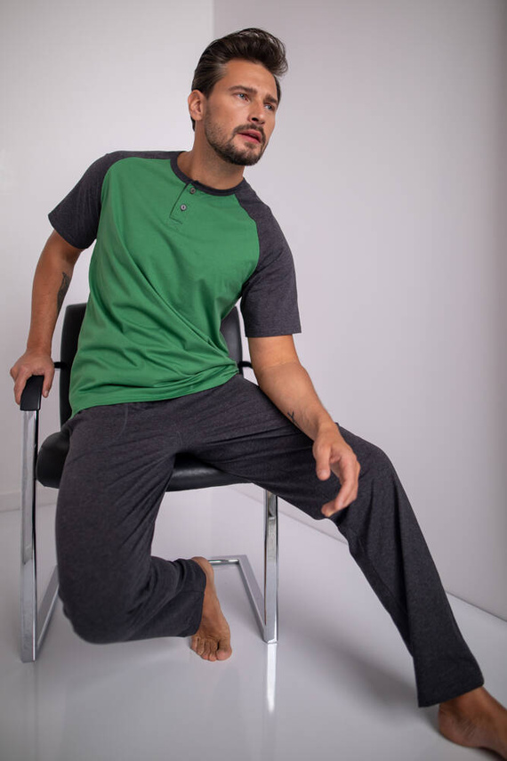 Aleksander Piżama Męska krótki rękaw, długie spodnie Italian Fashion - zielony/c.melanż 