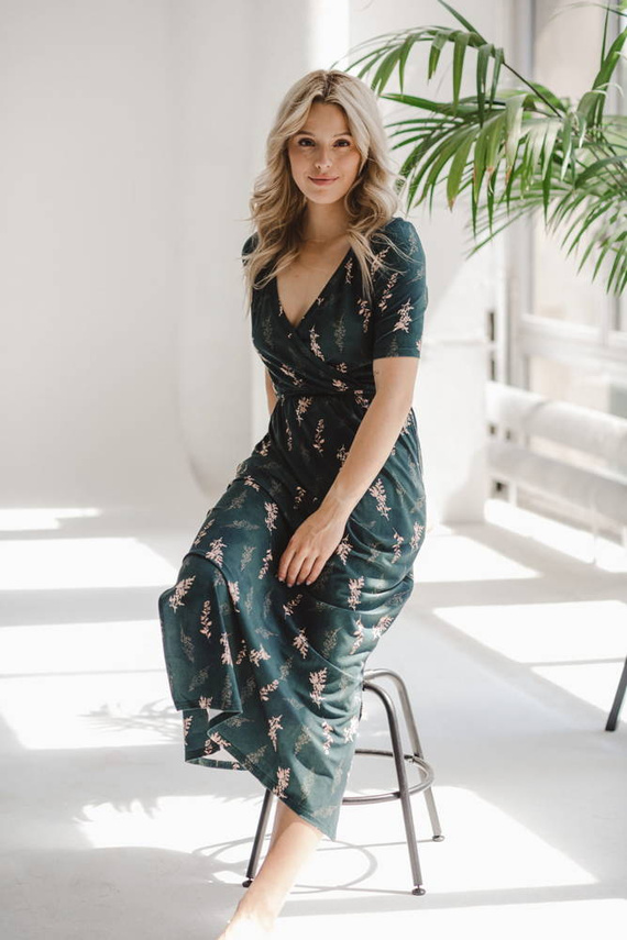 Sukienka do karmienia Two Ways LONG krótki rękaw Milk&Love butelkowa zieleń w gałązki