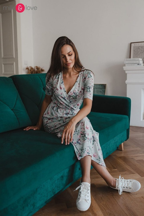 Sukienka do karmienia Two Ways LONG krótki rękaw Milk&Love miętowa w magnolie i ptaki