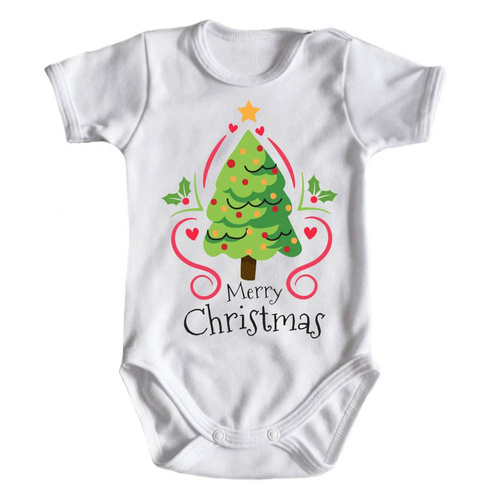 "Merry Christmas z choinką BOŻE NARODZENIE" Moocha body krótki rękaw biały