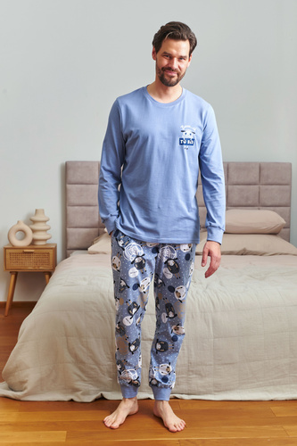 7347 Piżama męska Doctor Nap – 100% bawełna, niebieska z nadrukiem - sheep