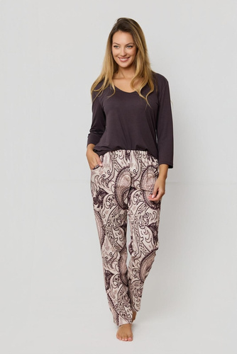 Piżama damska Iris PU83 Mefemi by Nipplex – elegancka wiskozowa koszulka 3/4 + bawełniane spodnie z orientalnym printem, komfort premium