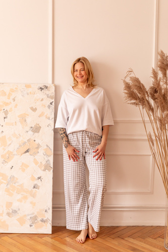 Piżama damska 38L Lidia Marija – bawełna 100%, biało-szara kratka