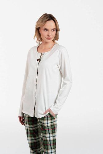 Asama Rozpinana Piżama Damska długi rękaw, długie spodnie Italian Fashion - ecru/druk
