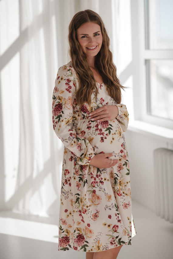 Lovely Dress Midi Milk&Love kremowa w kwiaty– sukienka ciążowa i do karmienia z lnem, elegancki krój z zamkami do karmienia