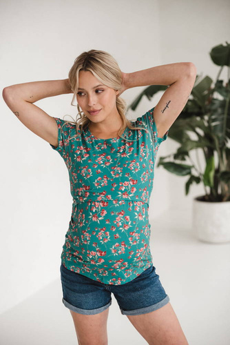 Milk Shirt Bluzka do karmienia i ciążowa z krótkim rękawem Milk&Love zielony w kwiatki