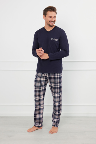 Edwin Piżama Męska długi rękaw, długie spodnie Italian Fashion - granatowy/druk