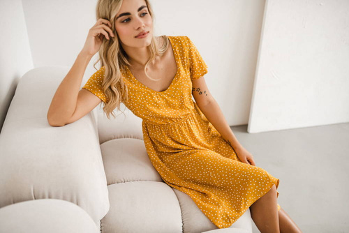 Lovely Dress Midi Milk&Love sukienka ciążowa i do karmienia musztardowy w groszki