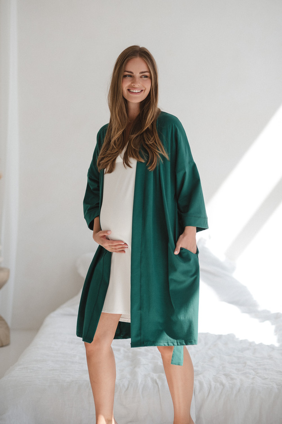 Szlafrok ciążowy Milk&Love butelkowa zieleń– bawełna z elastanem, komfortowy, rękaw 7/8