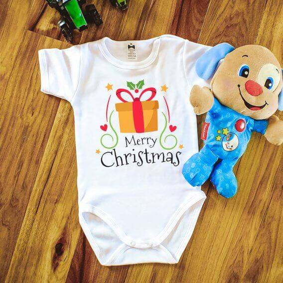 "Merry Christmas z prezentem BOŻE NARODZENIE" Moocha body krótki rękaw biały