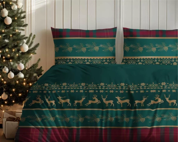 5620 A Magia Świąt Pościel flanelowa świąteczna Detexpol zielona z reniferami i kratą– bawełna 100%, 160 g/m², zamek, OEKO-TEX®