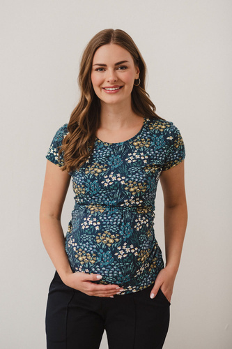 Milk Shirt Bluzka do karmienia i ciążowa z krótkim rękawem Milk&Love łąka na granatowym